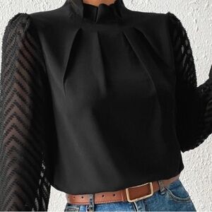 Chic Black Blouse with Sheer Sleeves Textured Black Top